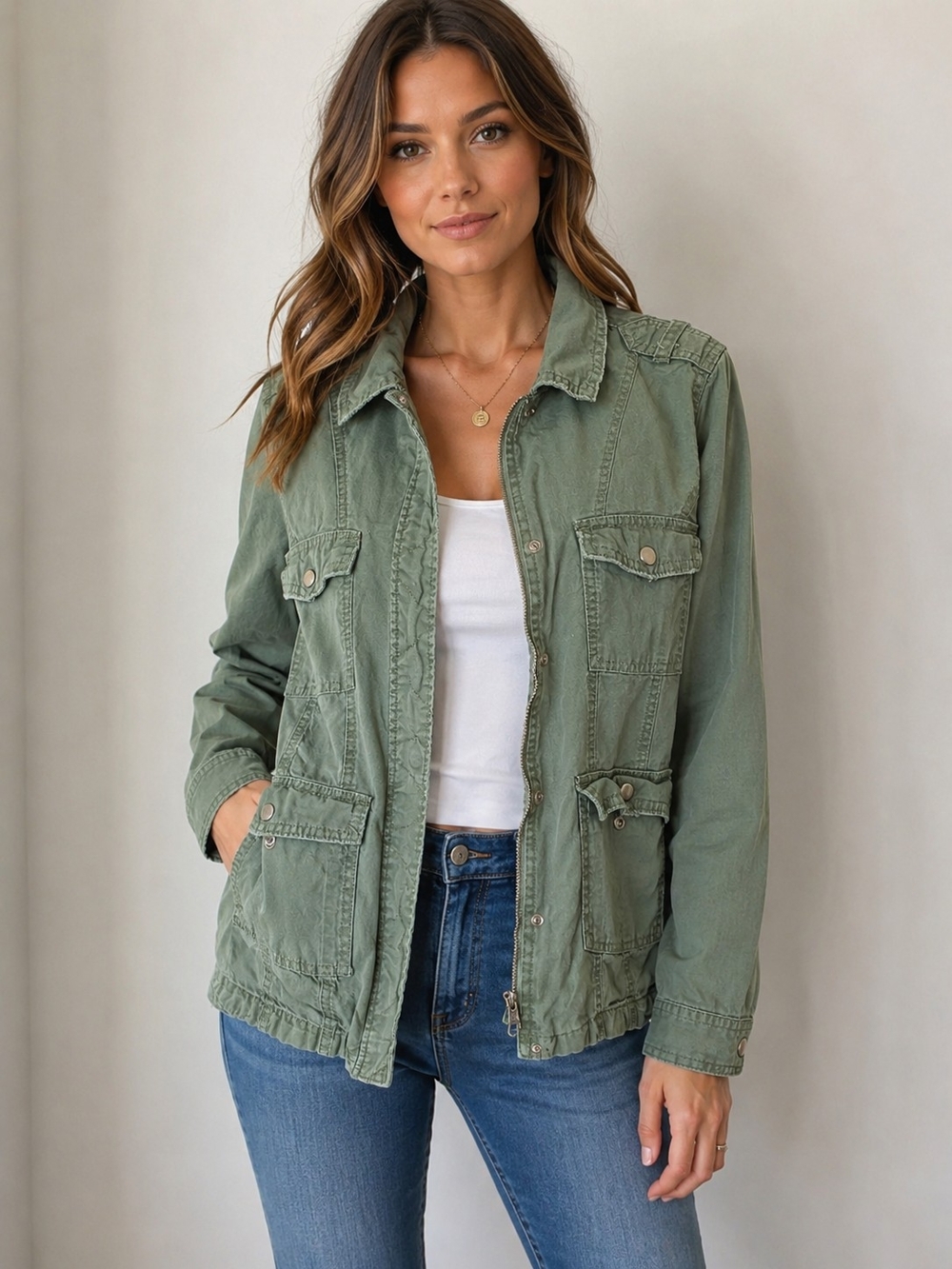 Mudd Utility Military Jacket Women's Large Green 100% Cotton Cargo Safari Field